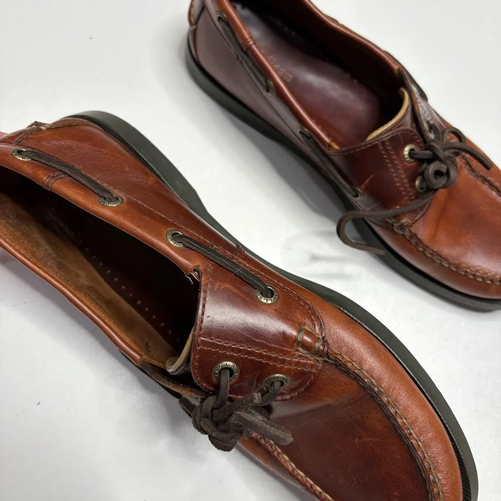 LL Bean Leather Boat Shoes Mens Size 9 Brown Lace Up Loafers Casual Comfort